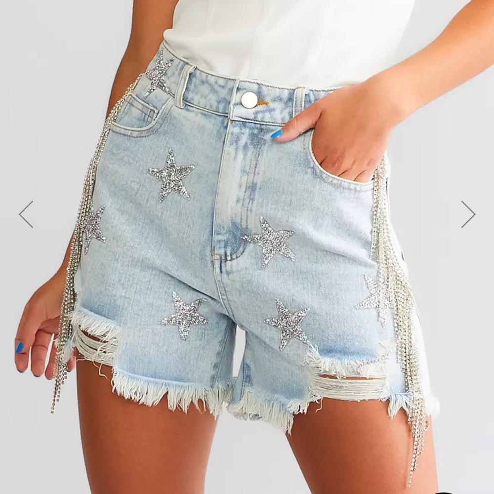 Blue B/Buckle Ultra High Rise Rhinestone Fringe Short